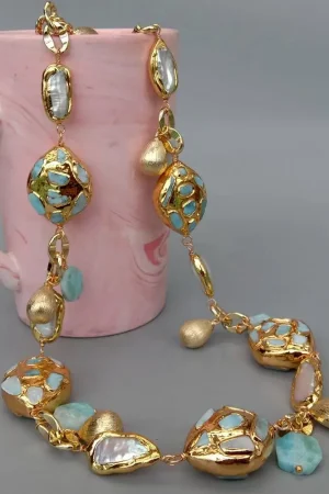 KKGEM natural blue larimar chips beads natural Cultured White Biwa Pearl pave Gold Plated Chain Long Necklace 30"