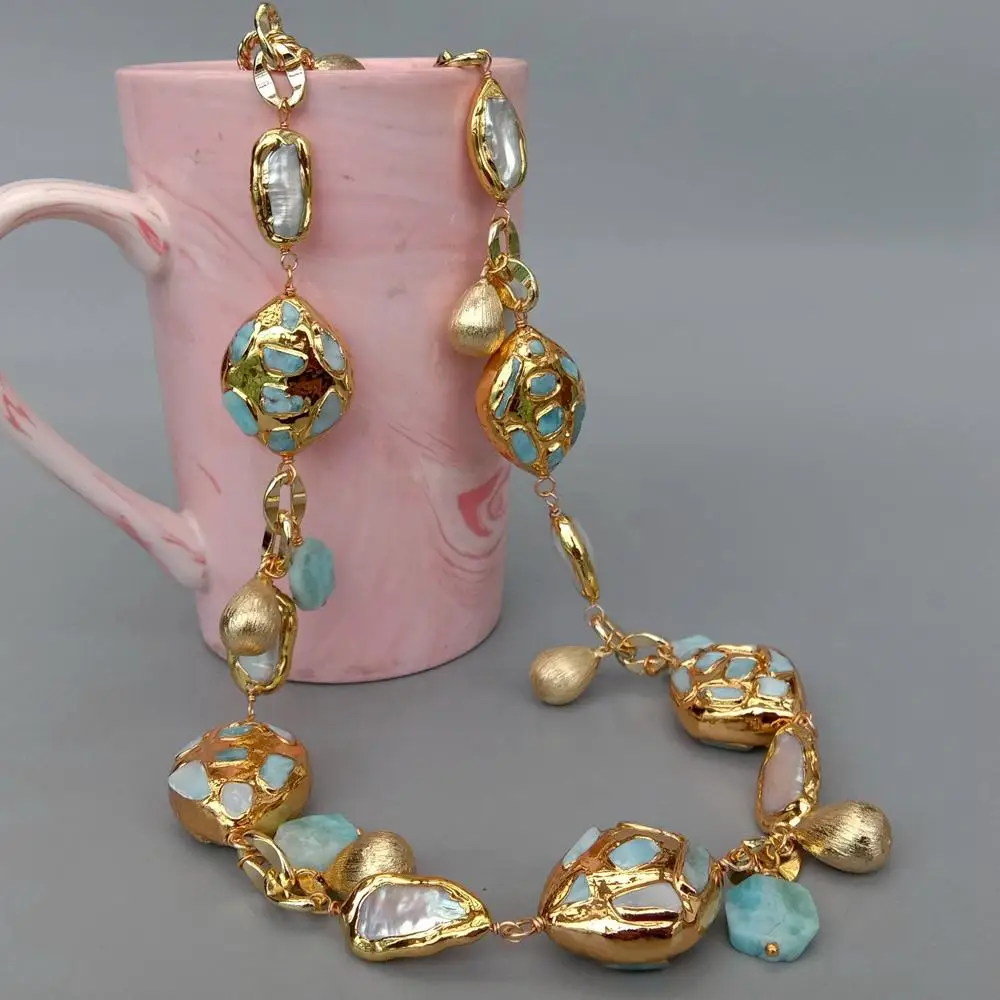 KKGEM natural blue larimar chips beads natural Cultured White Biwa Pearl pave Gold Plated Chain Long Necklace 30"