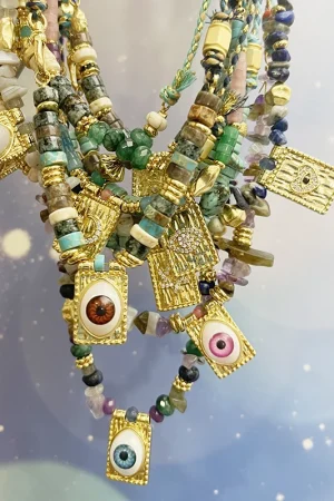 New Style Multi Color Braided Rope Star Moon Heart Hand Eye Charm Necklace,Unique Mix Stone 18K Gold Cotton Cord Jewelry Finding