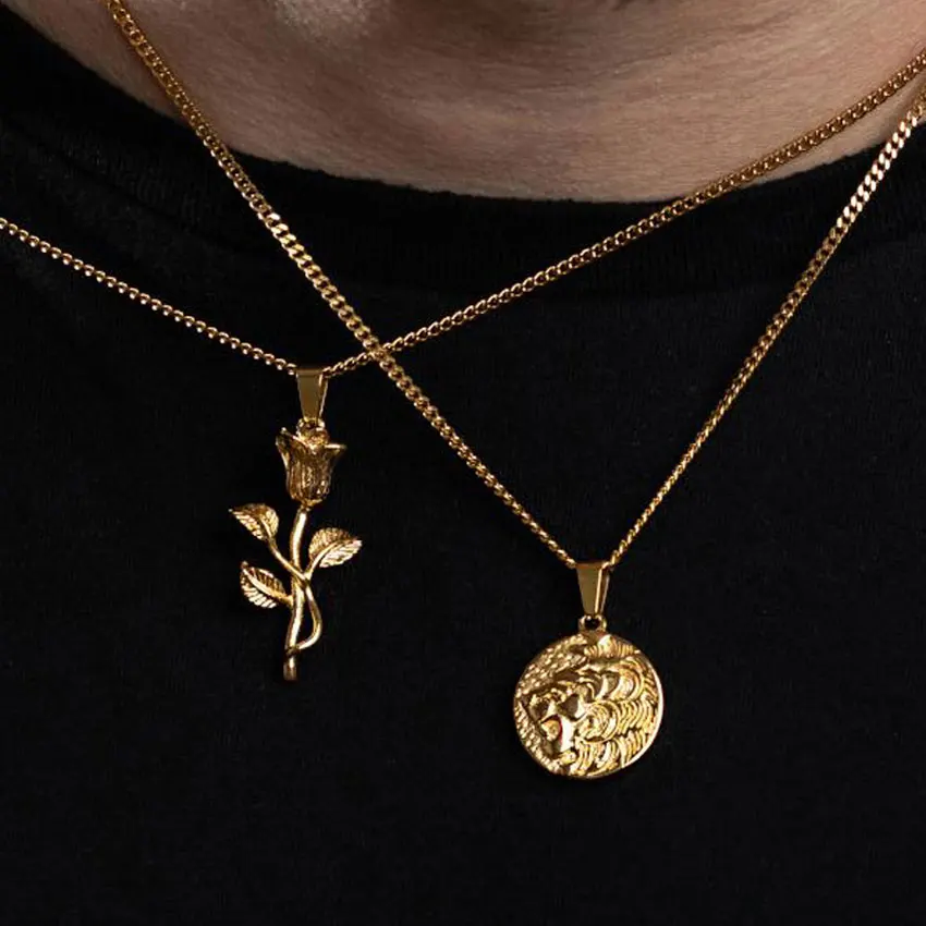 Travel Compass Necklace Streetwear Men Judah Lion Stainless Steel North Star Pendant Long Chain Floral Charm Flower Jewelry