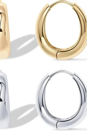 14K Gold Plated Sterling Silver Post Small Chunky Hoops Earrings | Thick Lightweight Gold Hoop Earrings for Women Retro style