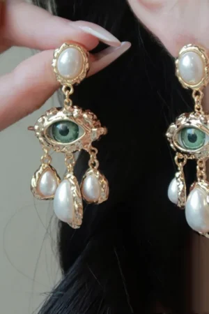 Retro Vintage Devil Eye Earrings Water Droplet Long Tassel Pearl Drop Earrings Accessories Ear Jewelry Exaggerate Earring Party