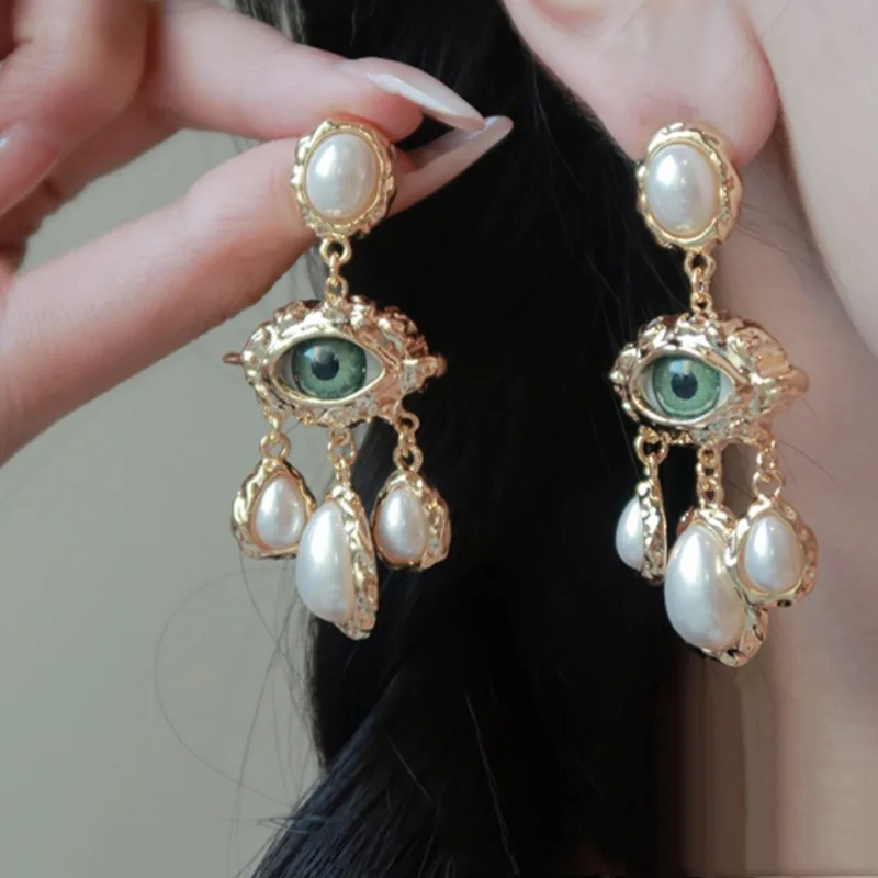 Retro Vintage Devil Eye Earrings Water Droplet Long Tassel Pearl Drop Earrings Accessories Ear Jewelry Exaggerate Earring Party
