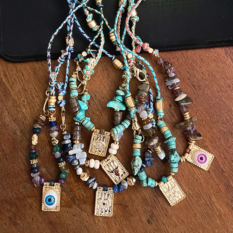 New Style Multi Color Braided Rope Star Moon Heart Hand Eye Charm Necklace,Unique Mix Stone 18K Gold Cotton Cord Jewelry Finding - Image 4