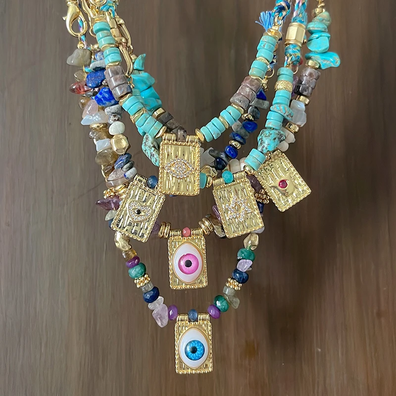 New Style Multi Color Braided Rope Star Moon Heart Hand Eye Charm Necklace,Unique Mix Stone 18K Gold Cotton Cord Jewelry Finding - Image 3