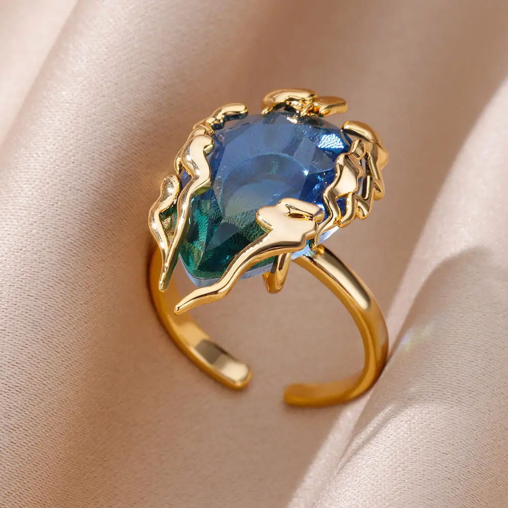 Luxury Stainless Steel Rings Gold Plated Colorful Stone Zircon Crystal Heart Ring For Women Wedding Boho Jewelry Christmas Gift - Image 3