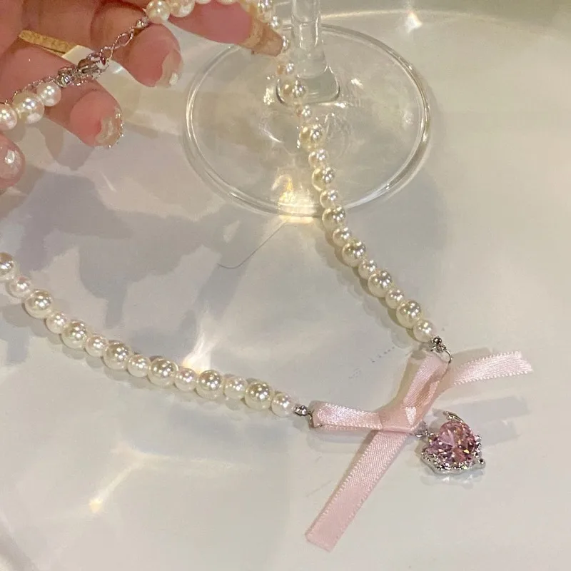 Kpop Goth Pink Ribbon Bow Imitation Pearl Beads Choker Necklace Y2K Sweet Cute Heart Pendant Clavicle Chain Girl Lolita Jewelry - Image 2