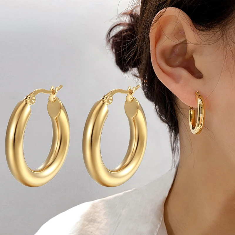 Classic Fashion Smooth Round Hoop Earrings For Women Stainless Steel 5mm Thick Ear Buckle Huggie Earrings Circle Vintage Jewelry