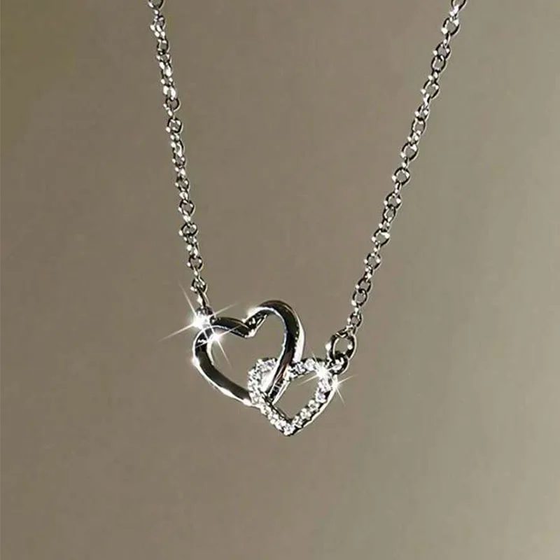 New Fashion Simple Silver Color Love Heart Pendant Necklace Charm Chain Collares Necklace for Women Party Jewelry Daily Wear