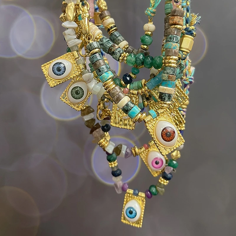 New Style Multi Color Braided Rope Star Moon Heart Hand Eye Charm Necklace,Unique Mix Stone 18K Gold Cotton Cord Jewelry Finding - Image 2