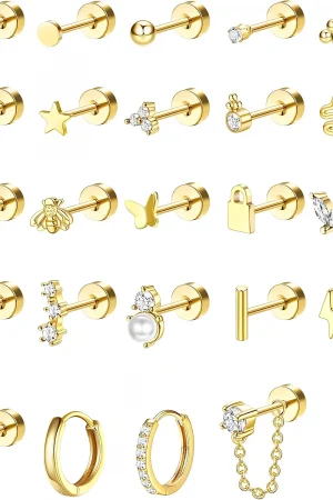 Bobisty 1pc Earrings Surgical Stainless Steel Earrings for Women Dainty Flat Back Earring Stud Hoop Cartilage for Sensitive Ears