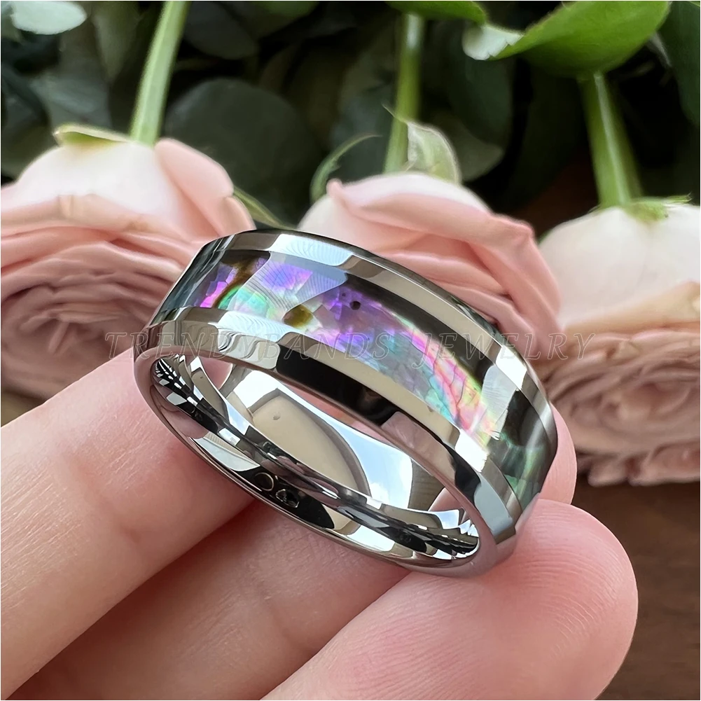 6/8mm Tungsten Carbide Ring for Men Women Wedding Band Abalone Shell Inlay Polished Shiny Domed Comfort Fit