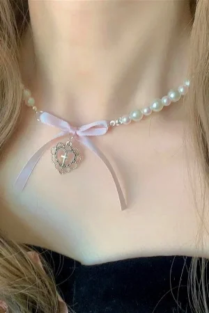 Kpop Goth Pink Ribbon Bow Imitation Pearl Beads Choker Necklace Y2K Sweet Cute Heart Pendant Clavicle Chain Girl Lolita Jewelry