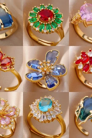 Luxury Stainless Steel Rings Gold Plated Colorful Stone Zircon Crystal Heart Ring For Women Wedding Boho Jewelry Christmas Gift