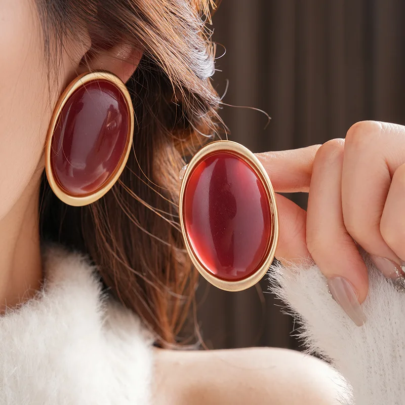Vintage Red Resin Women's Earrings Stud Earrings Luxury large Geometric Oval earrings Party Wedding Ear Jewelry Wholesale